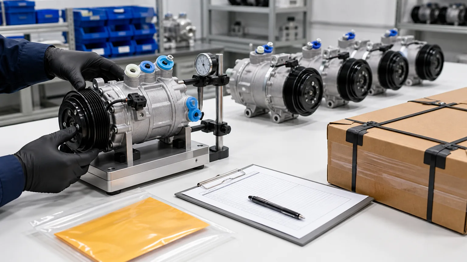 Automotive AC compressor incoming inspection showing port caps, pulley, connector, oil documentation, and lot traceability