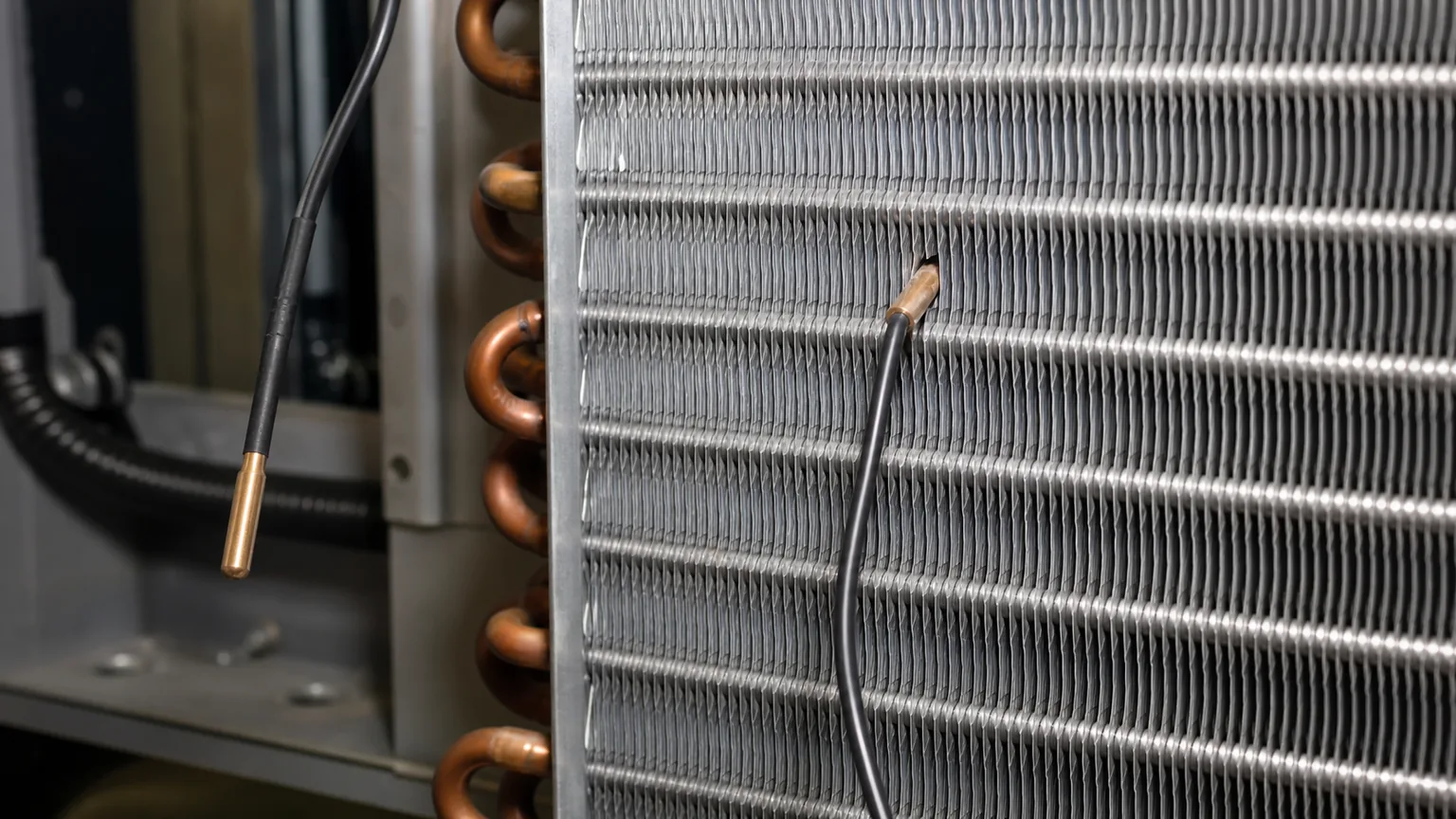 Evaporator temperature sensor correctly inserted in heavy equipment coil fins beside a displaced sensor