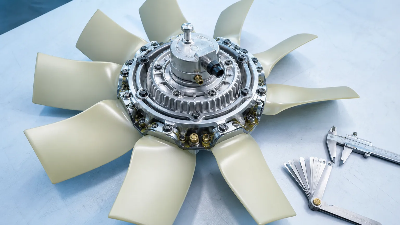 Close-up of a variable-pitch reversing fan hub showing blades, actuator, fasteners, and clearance measurements