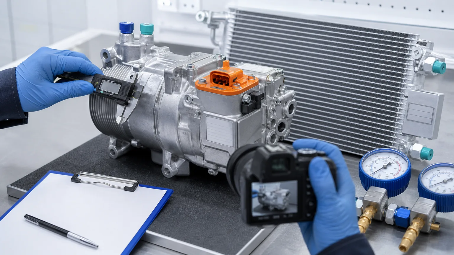 Aftermarket buyer inspecting an EV compressor and gas cooler with calipers, label photos, and an RFQ checklist