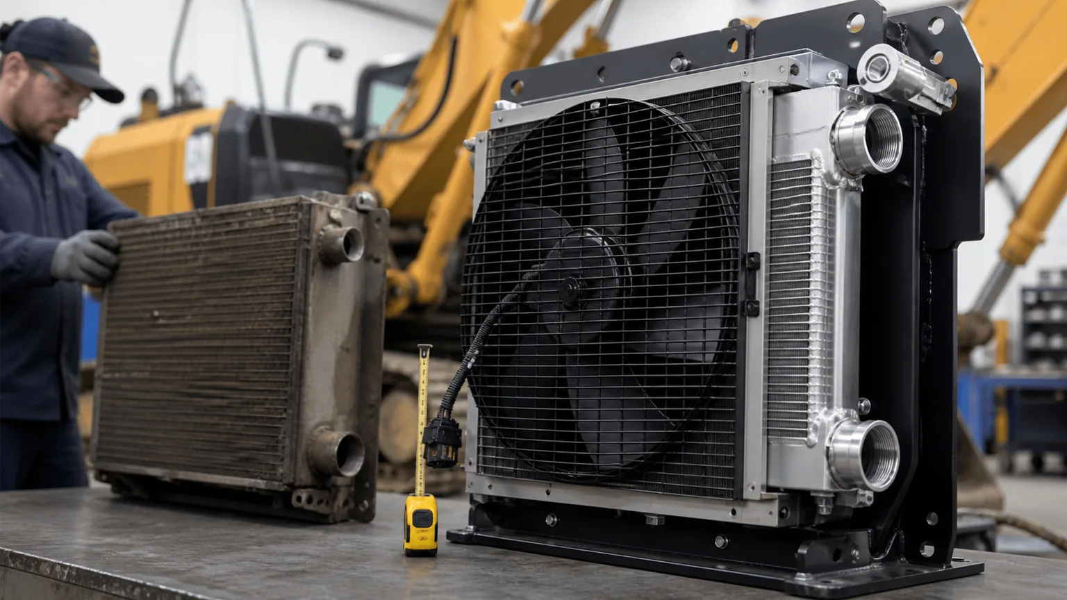 Construction equipment hydraulic oil cooler fitment points