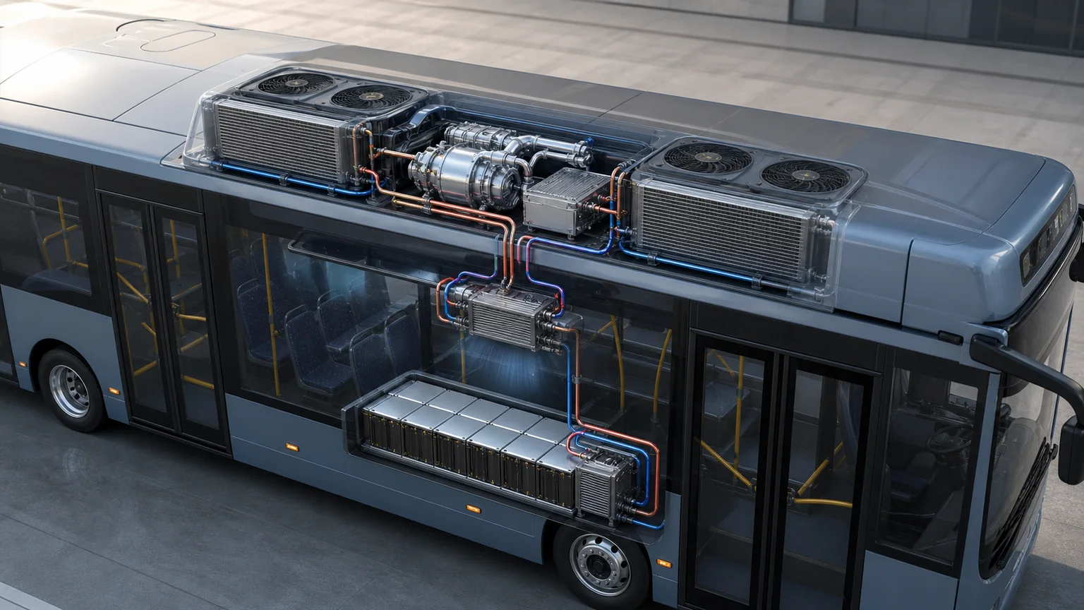 Electric bus heat pump compressor system integration