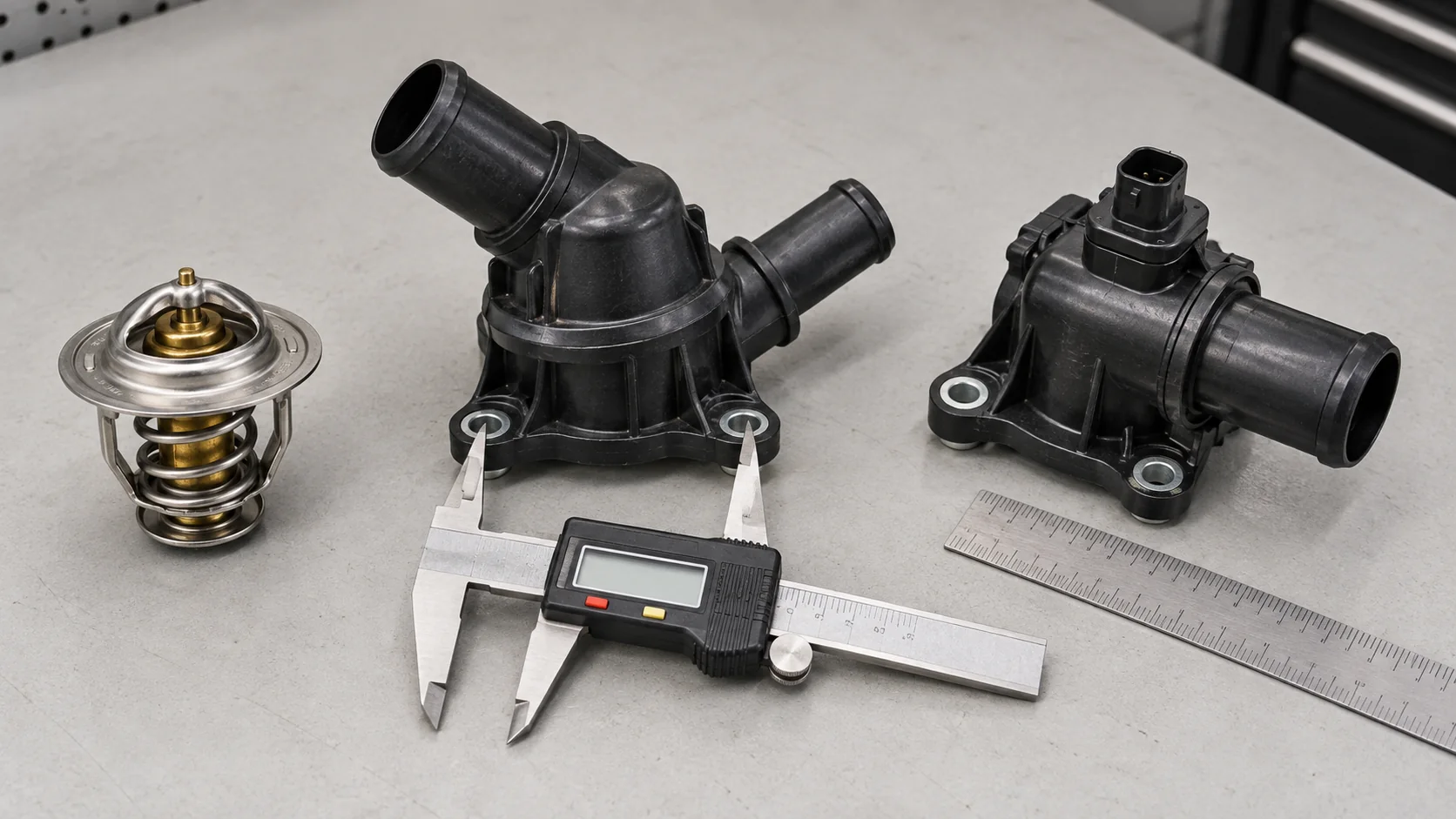 Thermostat insert and housing assemblies compared with caliper and ruler for replacement matching