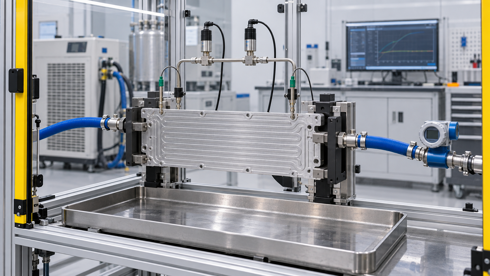 Intercell battery cooling plate undergoing pressure-drop and leak testing