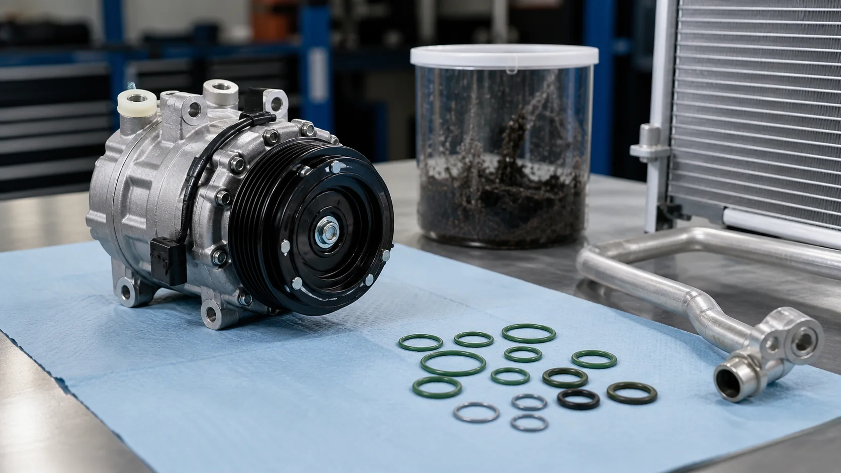 New A/C compressor and seals kept apart from isolated contaminated debris