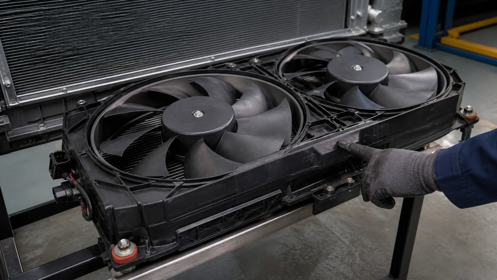 Twin fan and shroud module with condenser fins and mounting isolators