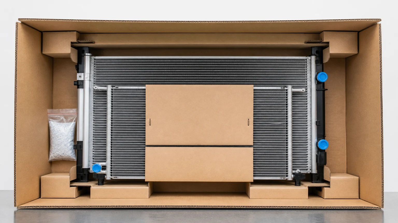 Packaged radiator and condenser supported by corner suspension and fin-protection panels