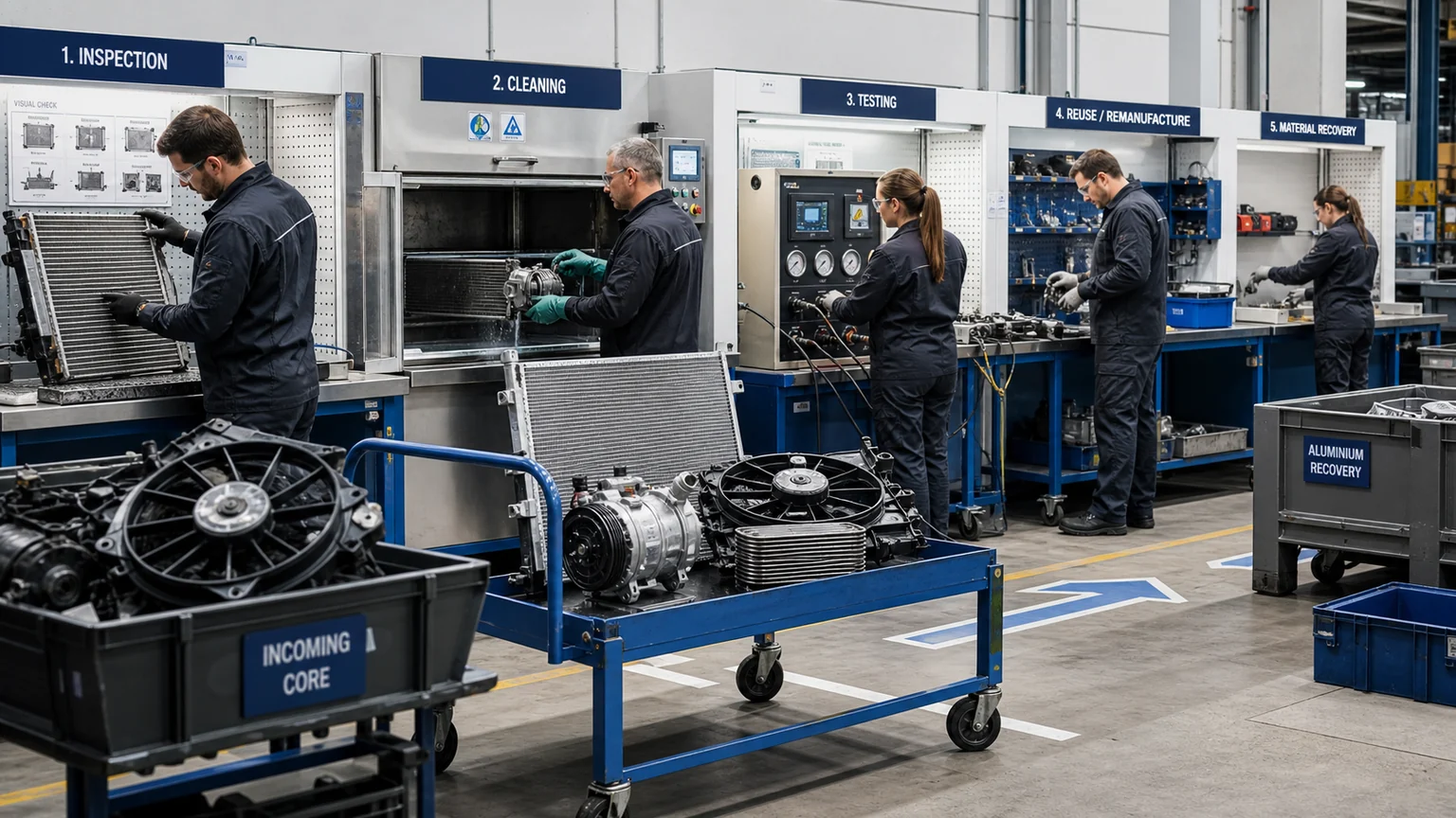 Automotive cooling parts moving through inspection cleaning testing remanufacture and material recovery
