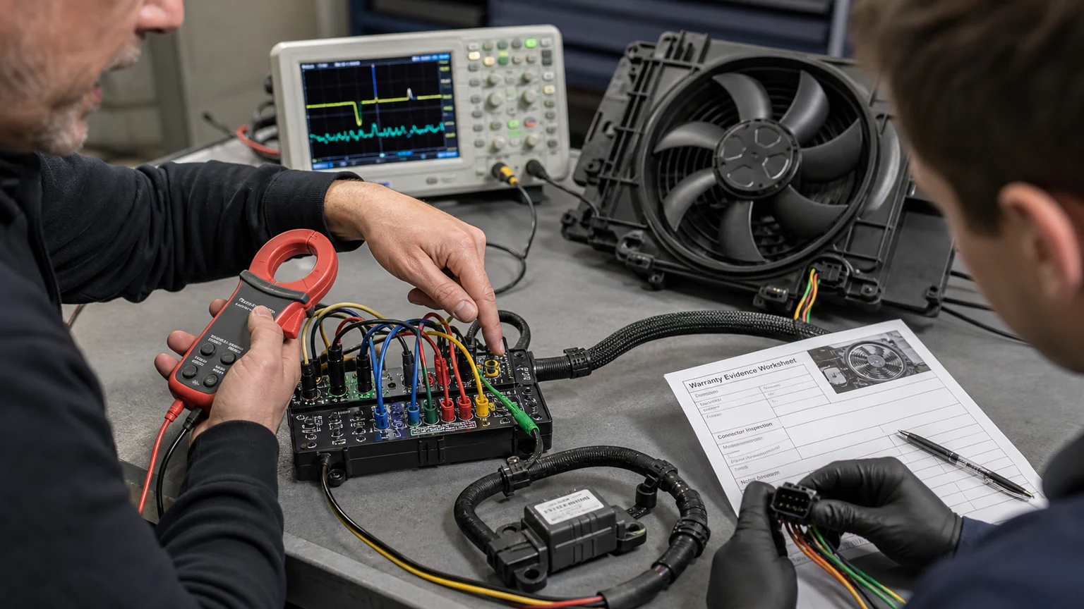 Trainer demonstrating current and oscilloscope testing on a low-voltage radiator fan controller