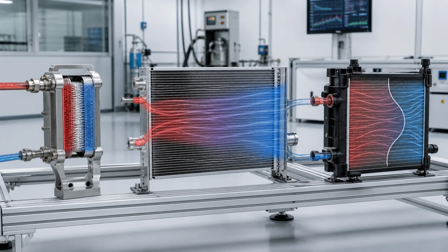 Battery chiller, AC condenser and coolant radiator compared on a laboratory bench