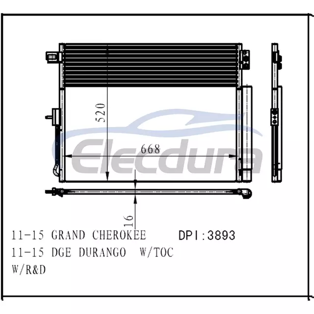 55038003AE Jeep Grand Cherokee 2011-2015 A/C kondenz&aacute;tor 16mm j&aacute;dro