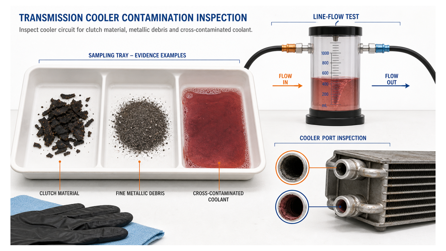 Transmission cooler contamination inspection comparing clean fluid, clutch debris, restricted passages, and flow testing