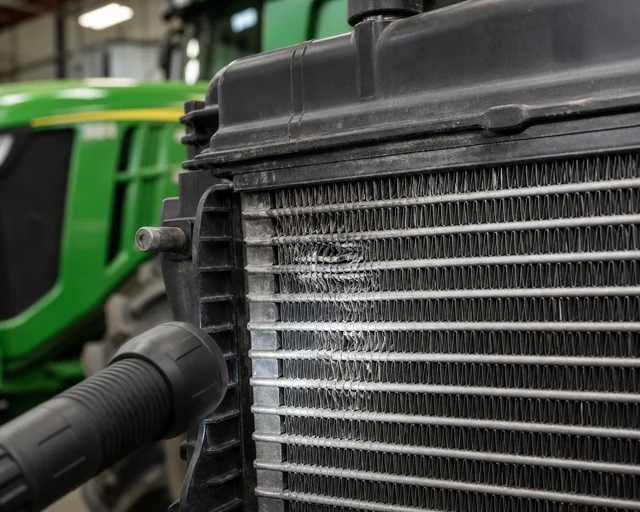 Agricultural tractor radiator fin and tank seam inspection before replacement sourcing