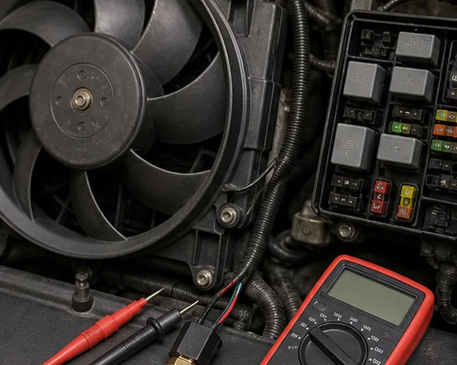 Diagnostica post-funzionamento della ventola del radiatore con interruttore termico del portafusibili rel&egrave; e multimetro