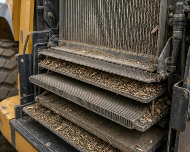 Off-highway cooling stack with debris blockage between radiator oil cooler CAC and condenser layers