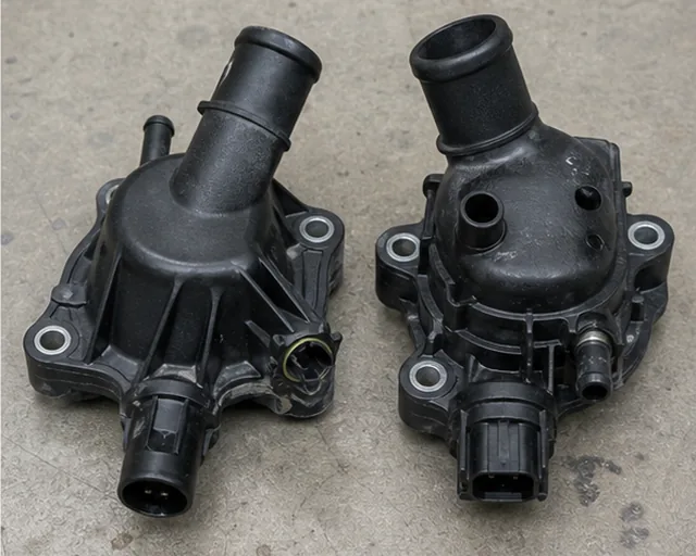 Alloggiamenti dei termostati stile VW e Audi confrontati in base alla geometria del connettore e della porta del tubo