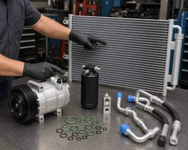 AC compressor black death repair parts laid out with condenser, drier, expansion valve, O-rings, and capped lines