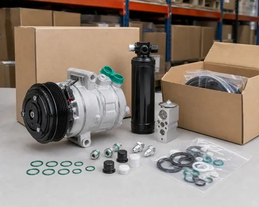 AC compressor kit components arranged for packing inspection with compressor drier expansion valve seals and caps