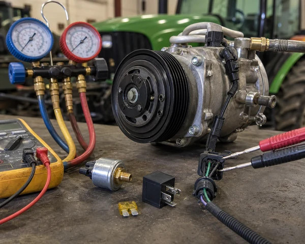 Tractor A/C compressor no engagement diagnosis with gauges multimeter relay fuse and clutch connector