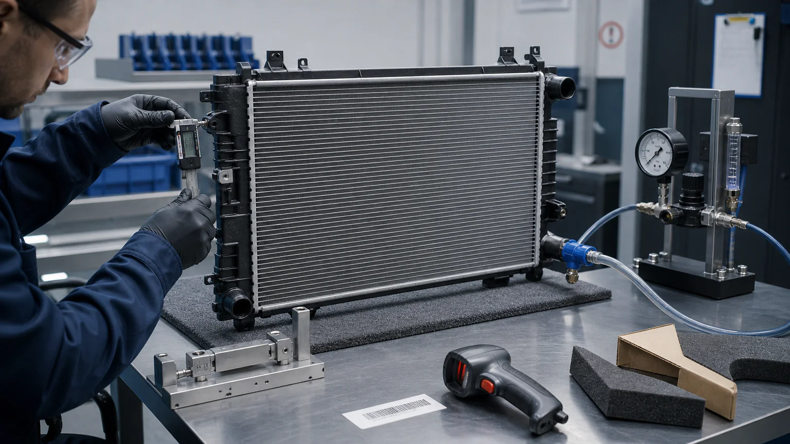 Incoming automotive radiator inspection using calipers, mount gauge, pressure leak tester and traceability label check
