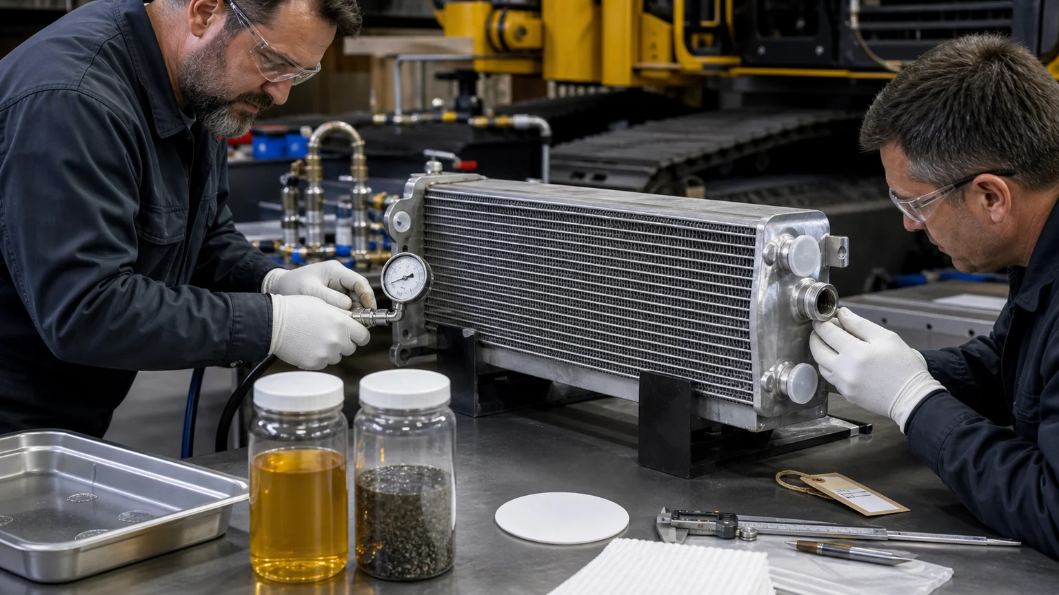 Excavator oil cooler workshop cleanliness inspection with fluid sample, capped pressure test and port checks