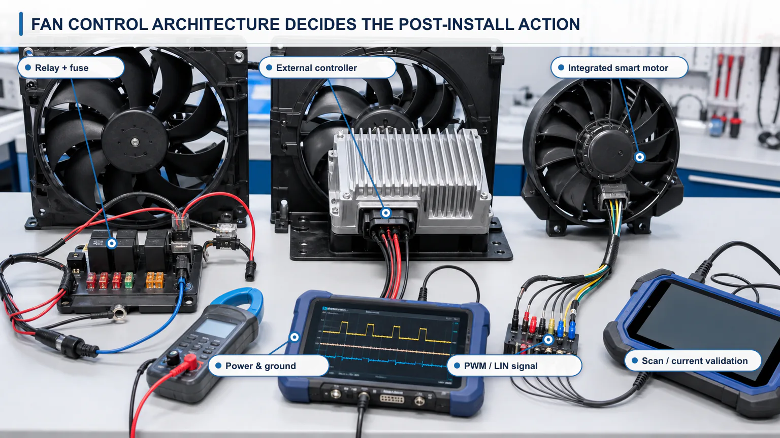 Radiator fan module programming decision workflow from hardware matching through service information, installation and validation