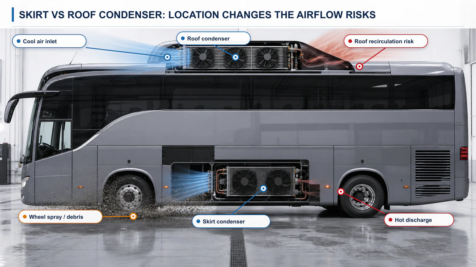 Skirt-mount and roof-mount bus AC condenser airflow and environmental risk comparison