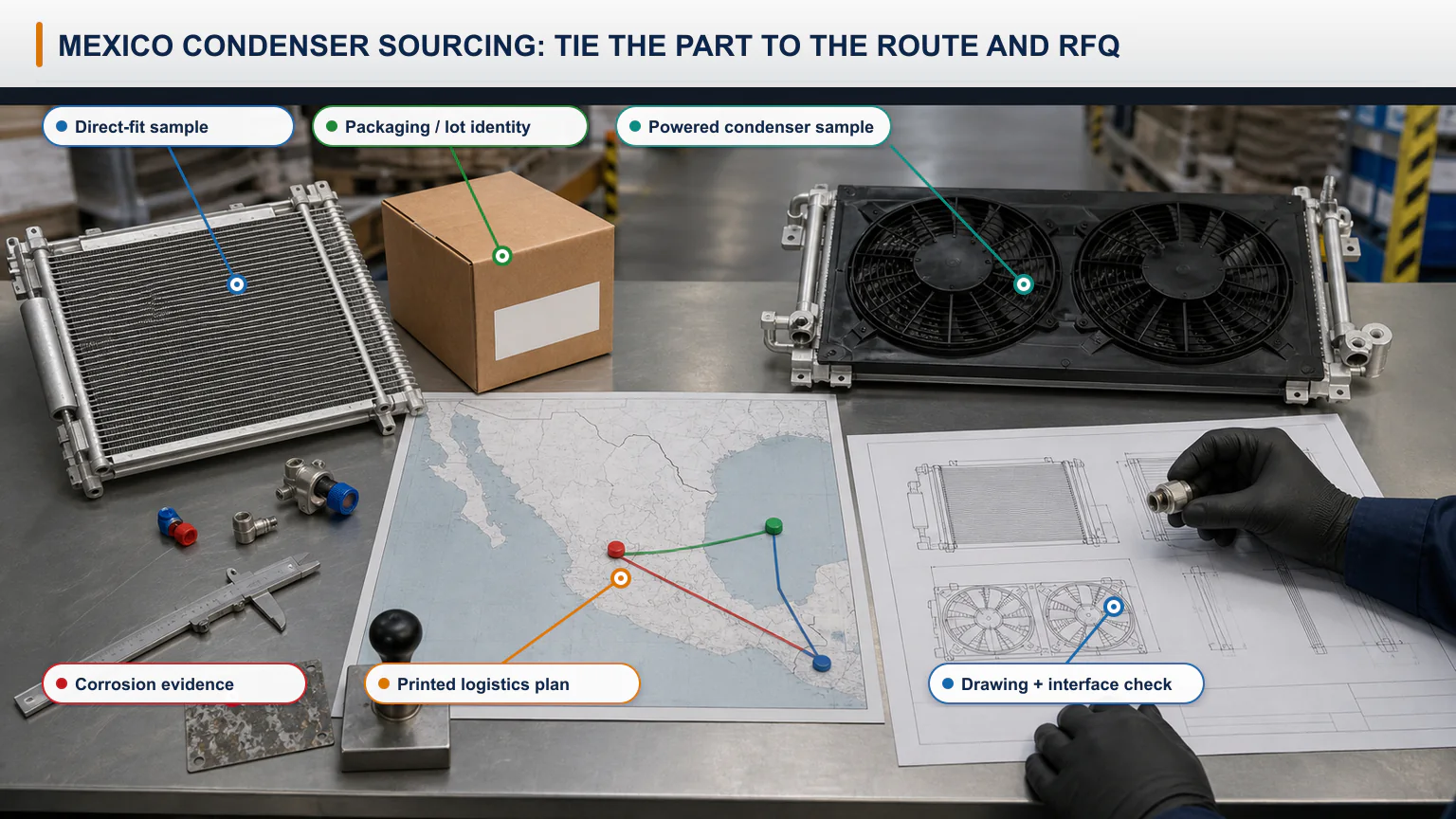 Fleet sourcing workbench with heavy-duty condenser samples, RFQ drawing and printed Mexico logistics route plan