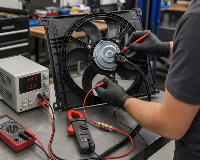 Technician testing a radiator fan motor with a 12V power supply, fused jumper lead, multimeter, and current clamp