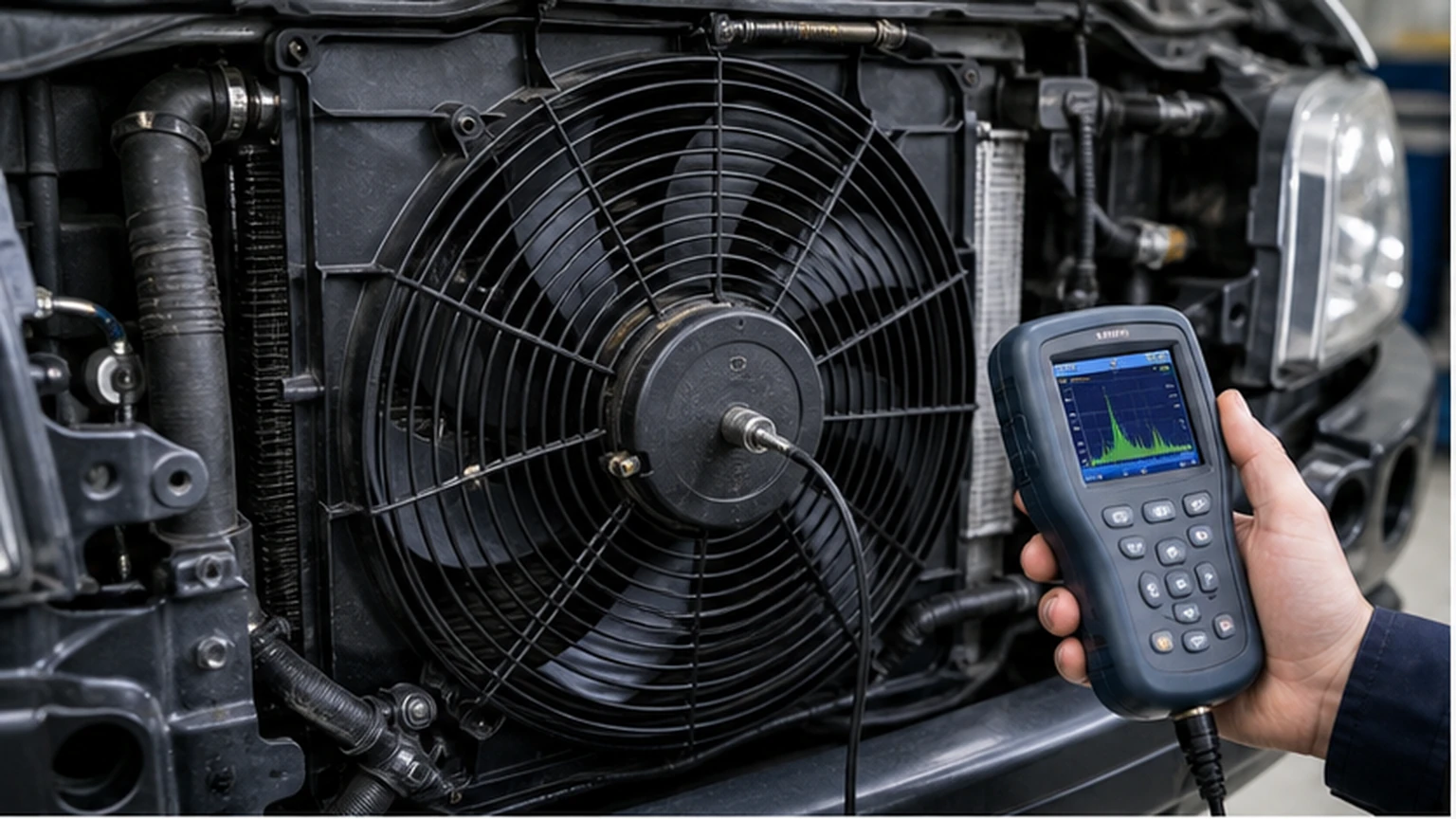 Installed radiator fan assembly measured with a vibration analyzer during a guarded controlled-speed test
