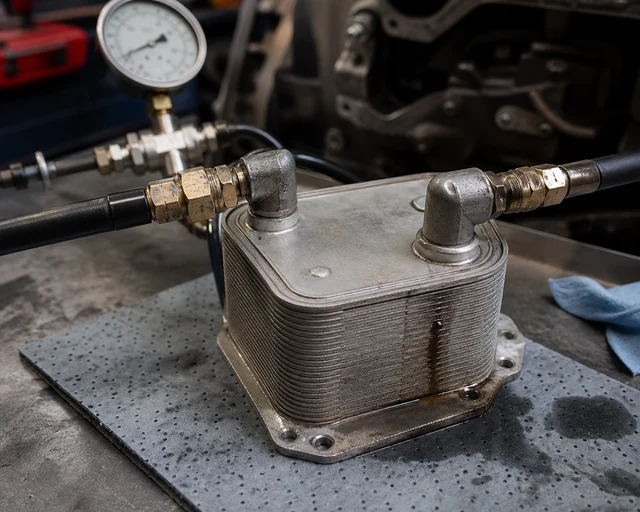 Deutz oil cooler pressure leak test with capped hoses and seam oil trace