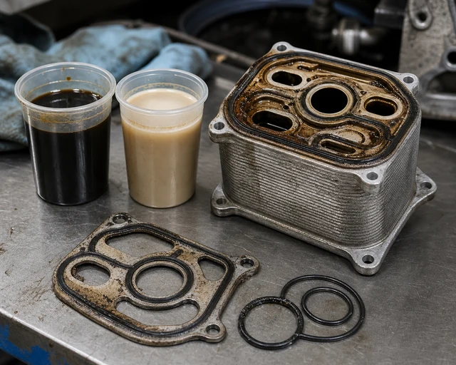 Mitsubishi oil cooler diagnosis with dark oil and milky coolant samples