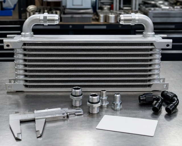 Oil cooler core and port layout inspection with fittings and caliper for pressure drop risk