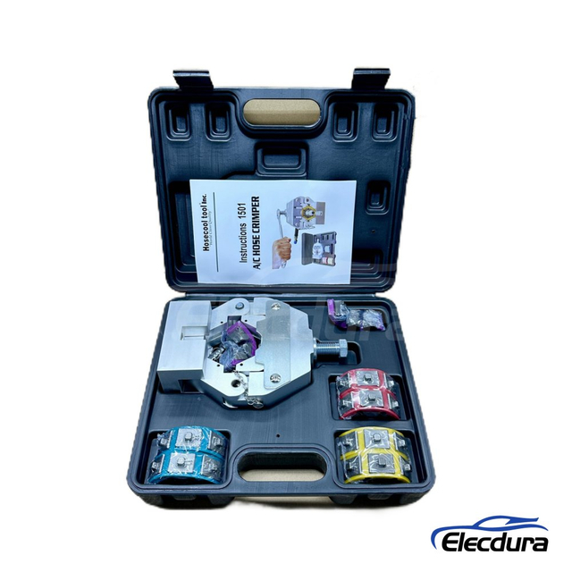 Professional mechanical A/C hose crimping tool kit with color-coded dies for wholesale supply