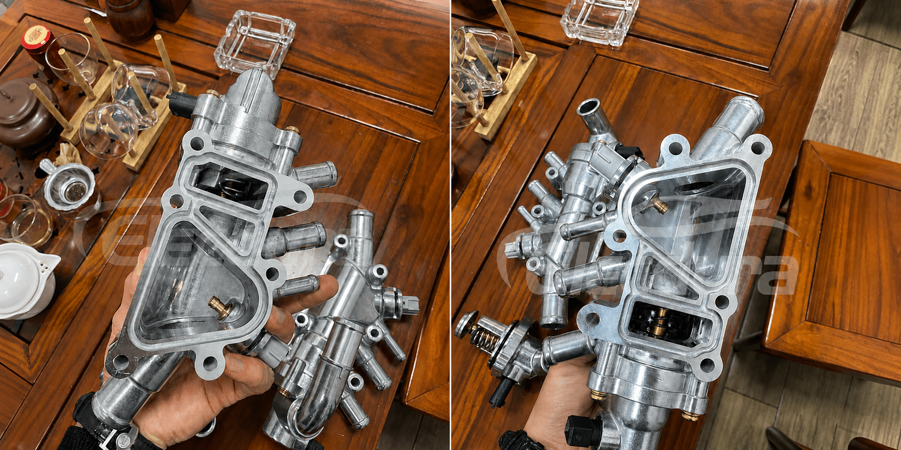 Aluminum engine coolant thermostat housing assembly with visible internal structure and mounting holes.png