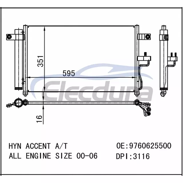 9760625500 Hyundai Accent 2000-2005 A/C Condenser 16mm Core