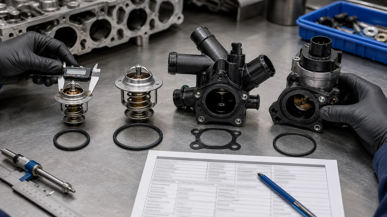 Brand-neutral thermostat application comparison bench with conventional inserts, stainless thermostat, integrated housings, seals and engine reference checks