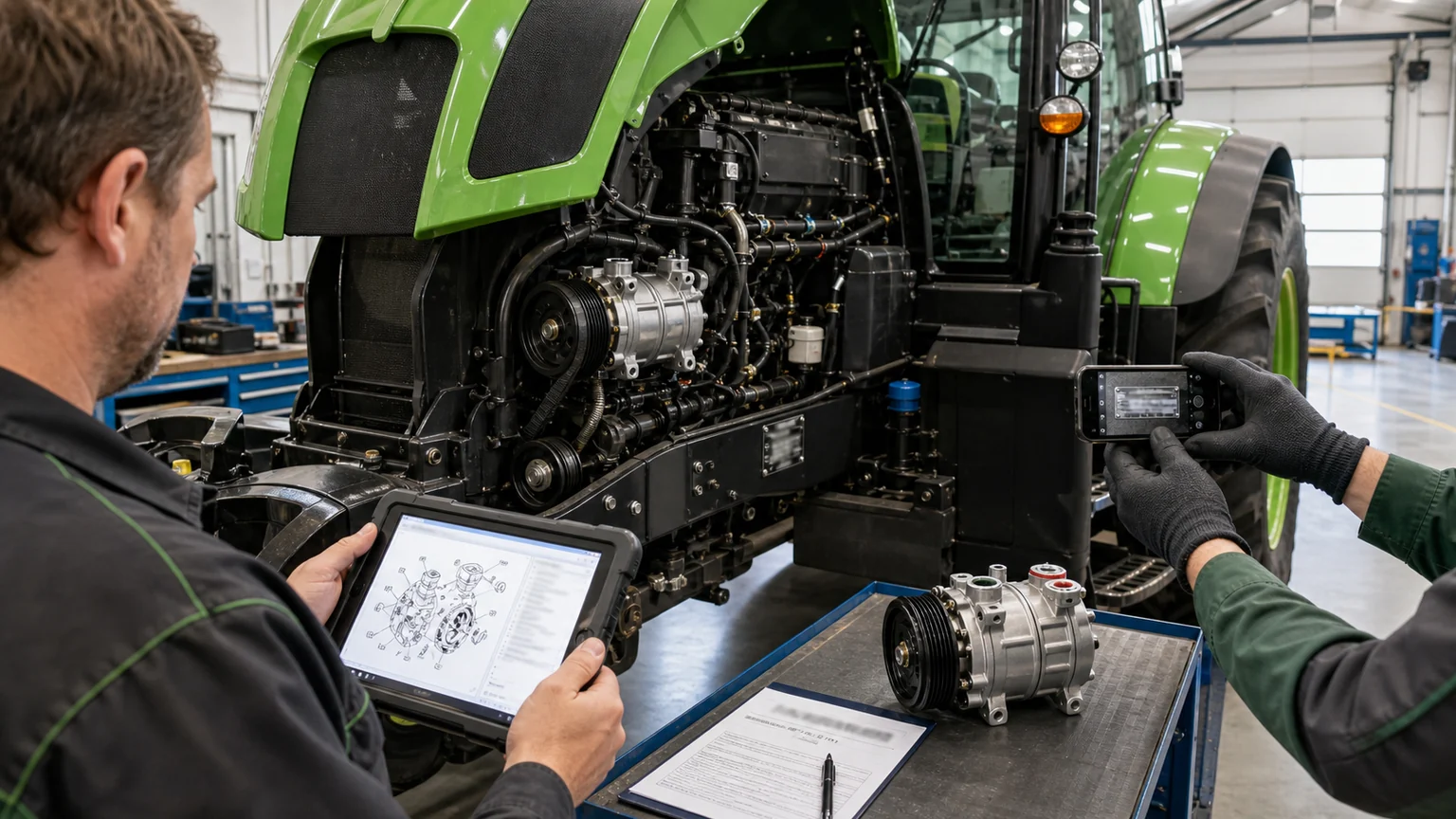 Identifizierung des Klimakompressors eines landwirtschaftlichen Traktors anhand des Chassisschilds, der installierten Fotos, des Kompressoretiketts und des Explosionsteilekatalogs