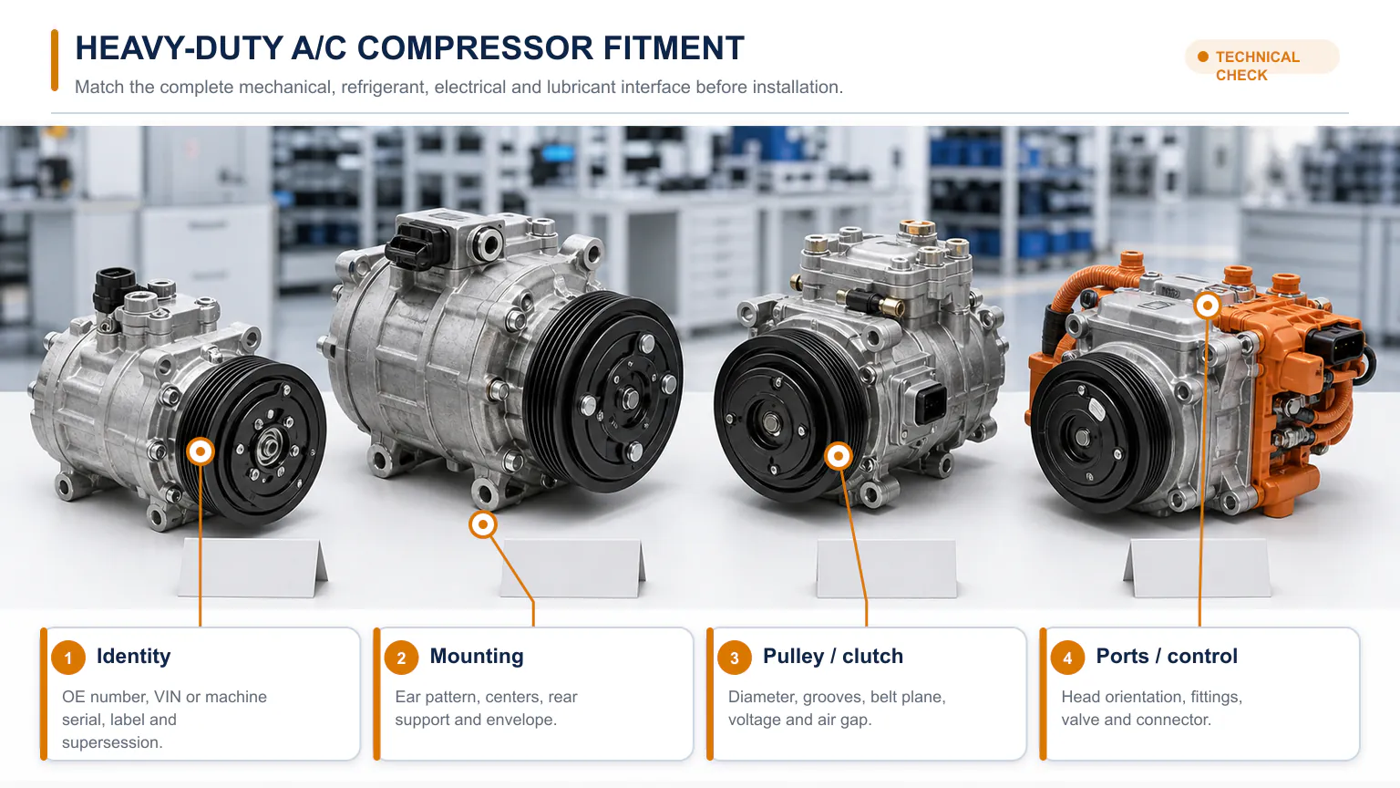 Heavy-duty AC compressor fitment inspection showing pulley, mounting, ports, label and electrical connector