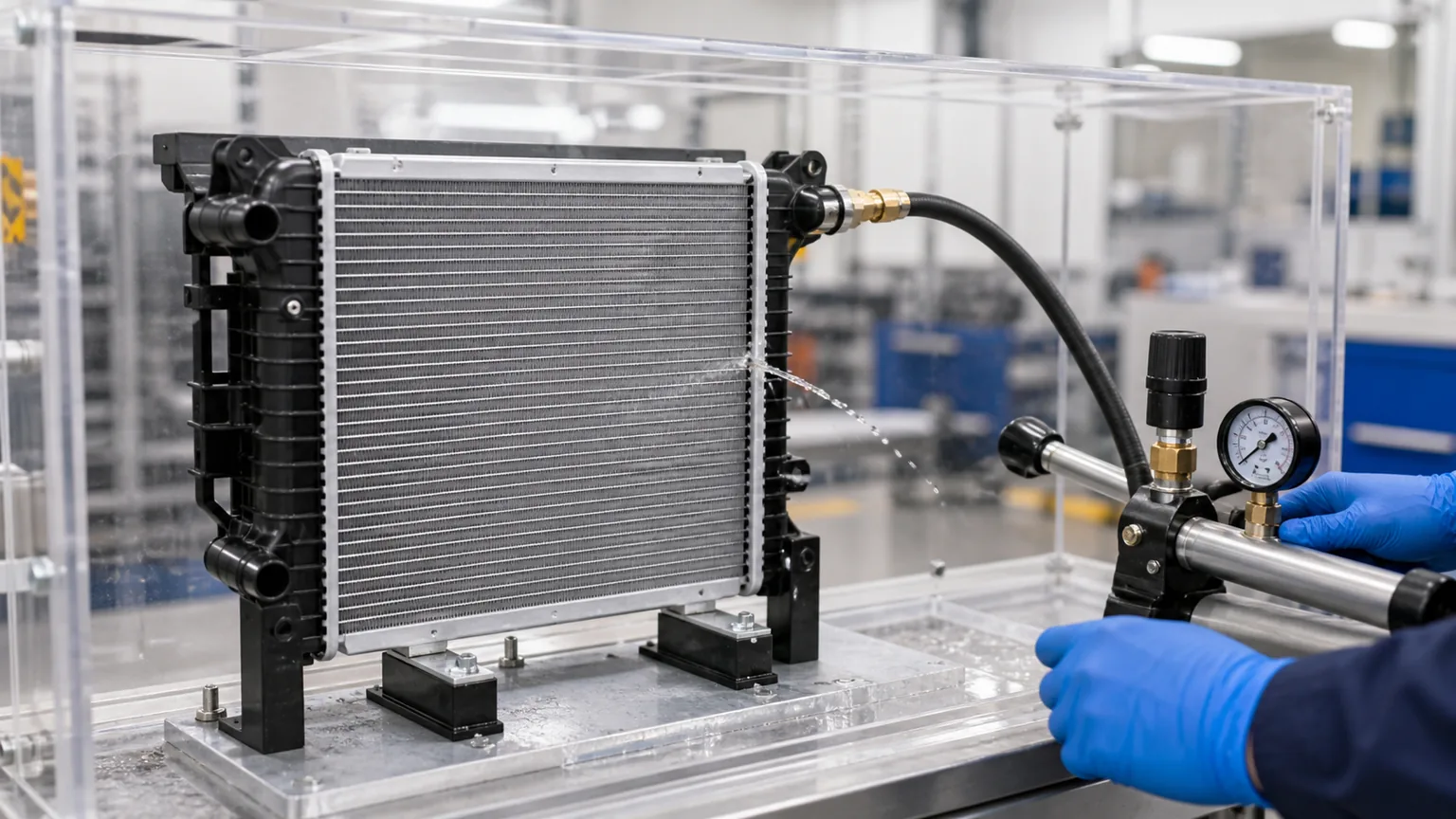 Technician safely pressure testing a cold removed plastic aluminium radiator behind a guard