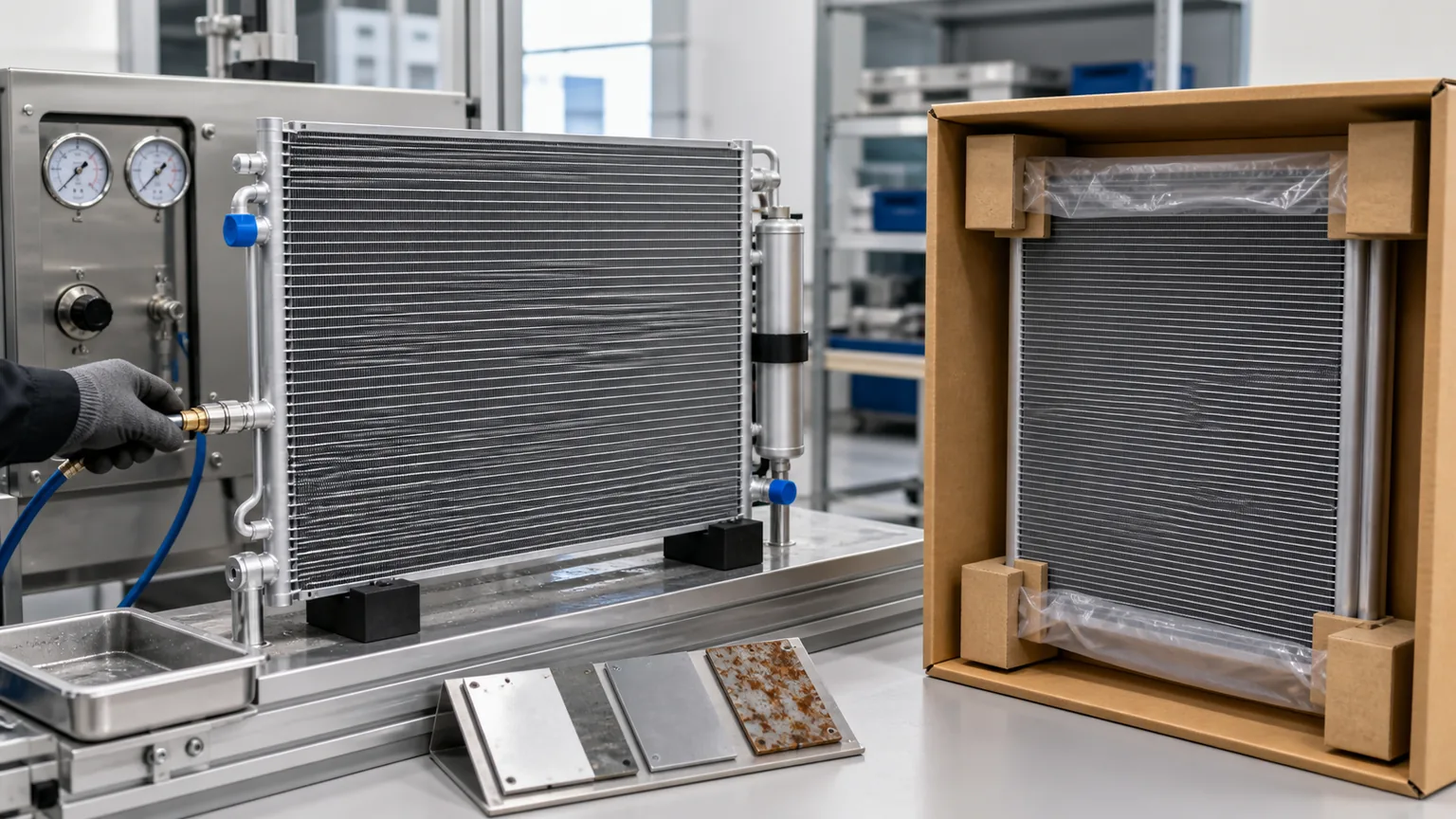 Automotive AC condenser leak test corrosion coupon inspection and fin protection packaging