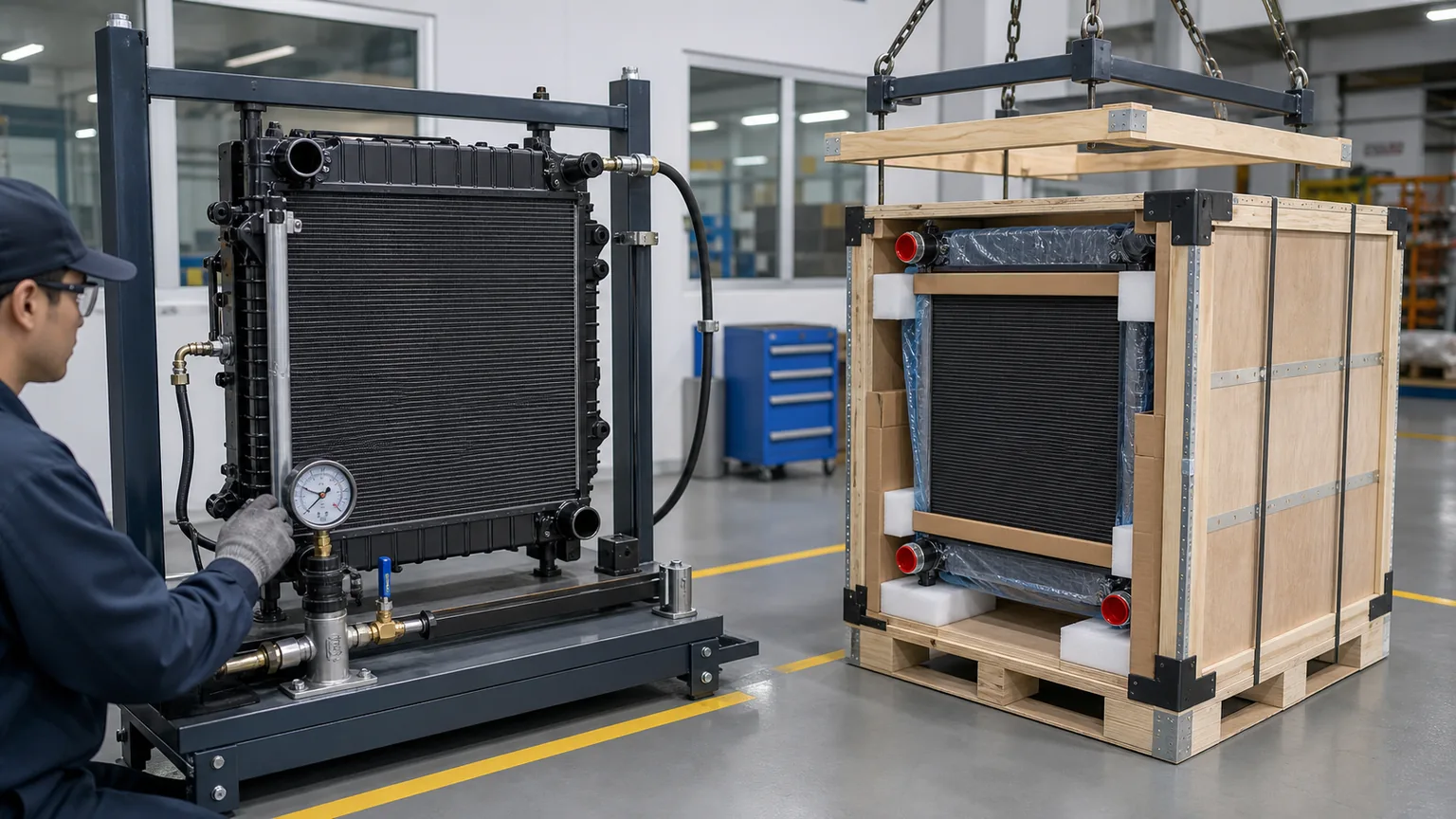 Truck radiator pressure test and protected export packaging with reinforced corners and face clearance