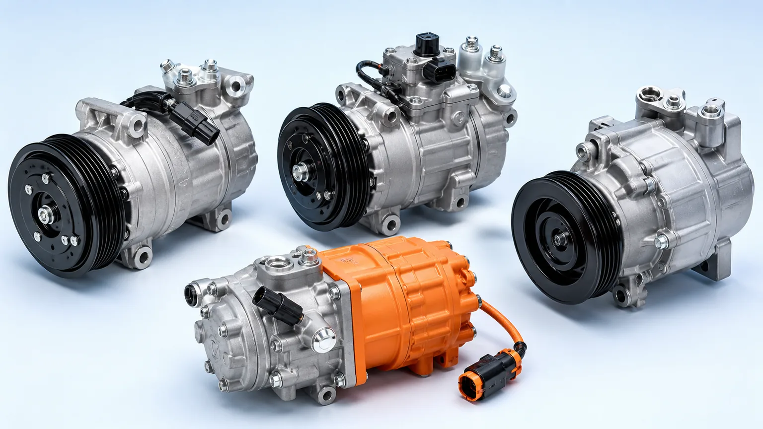 Automotive air conditioning compressor family including fixed, variable displacement, clutchless, and electric units