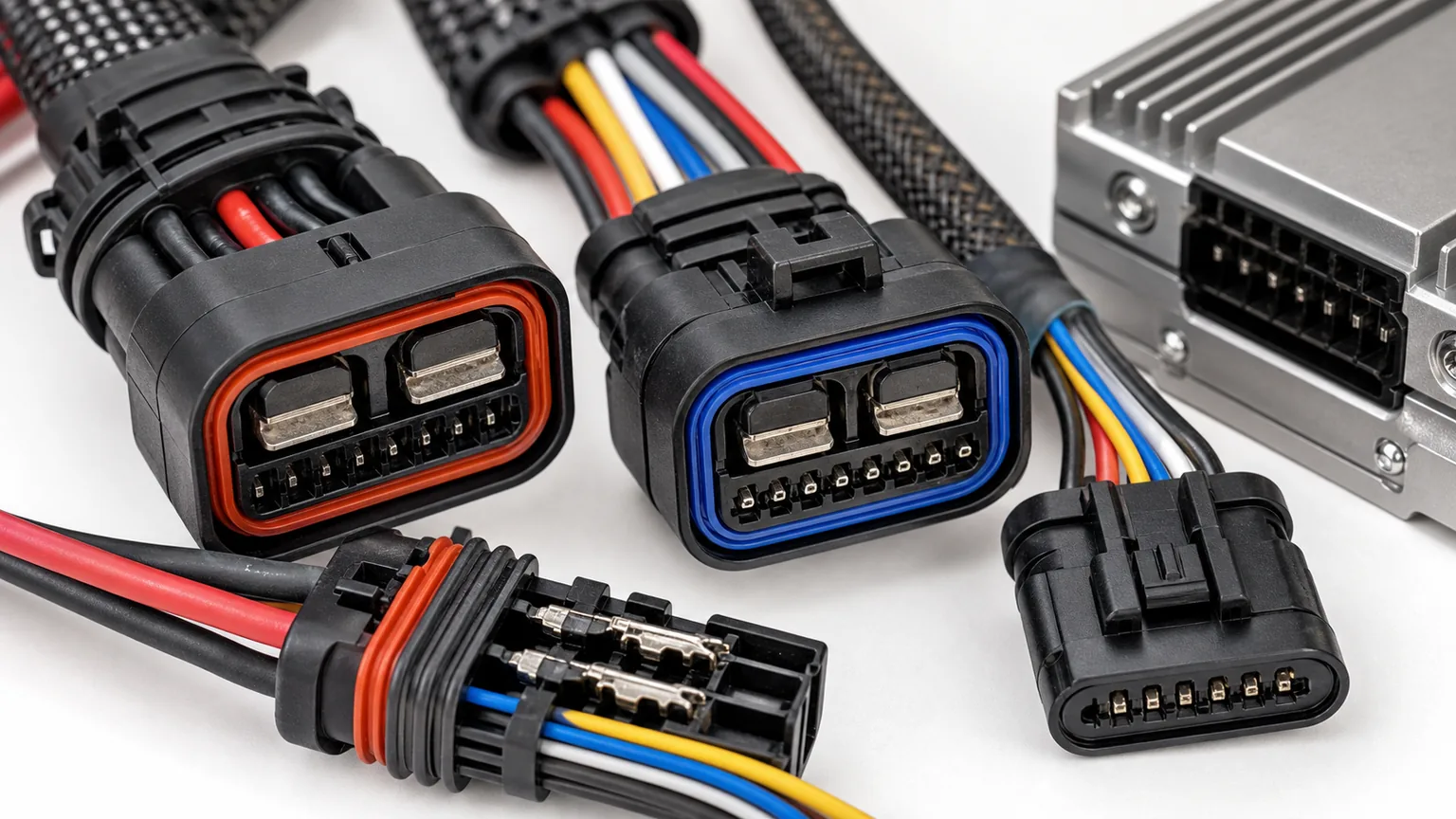 Close-up of keyed brushless cooling fan connectors with power, ground, PWM, LIN, and feedback identification examples