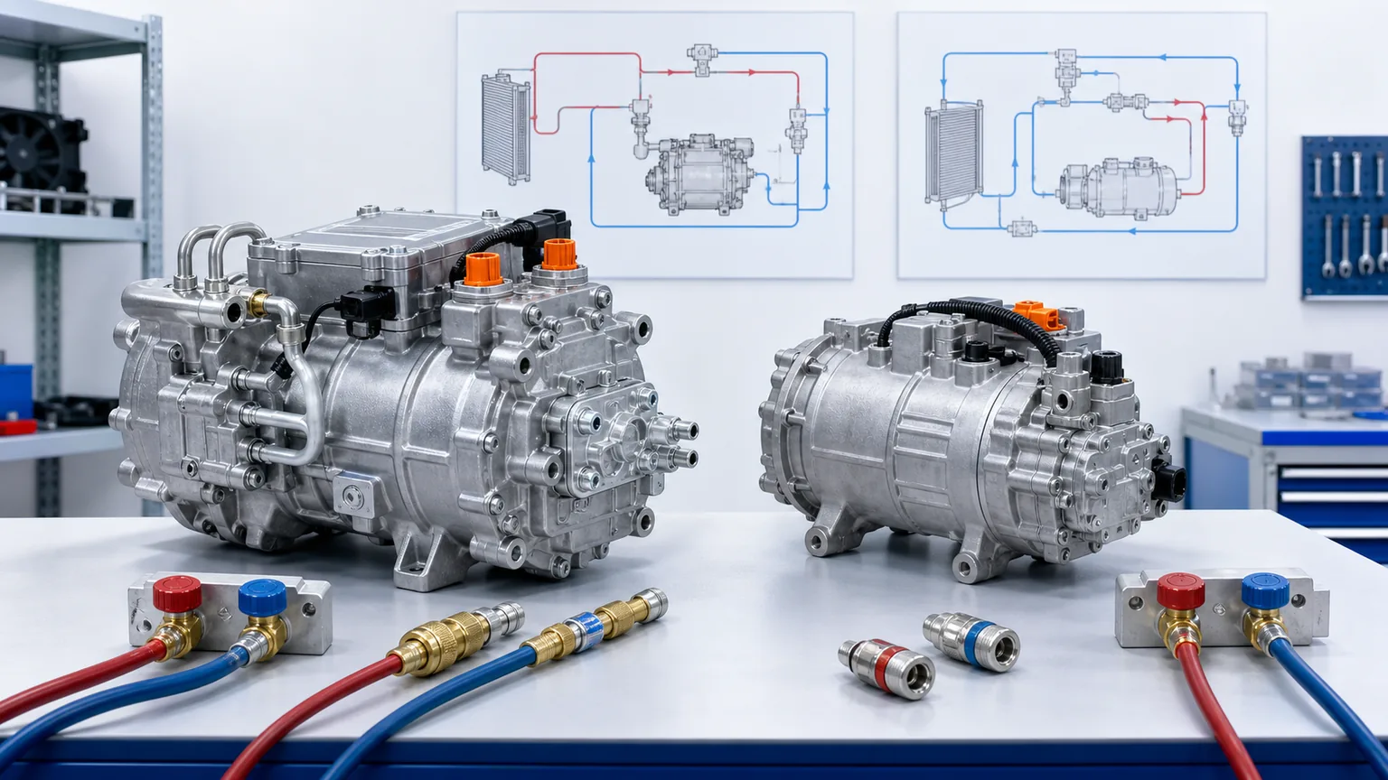 R-744 and R-1234yf EV heat-pump components arranged separately on a technical workbench