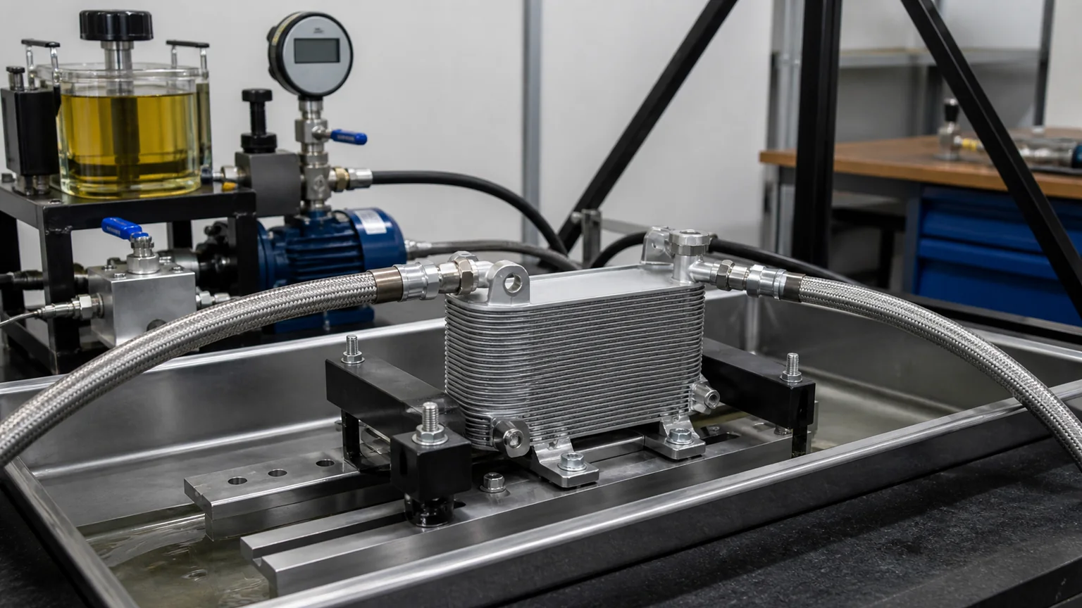 Oil cooler working and proof pressure test setup