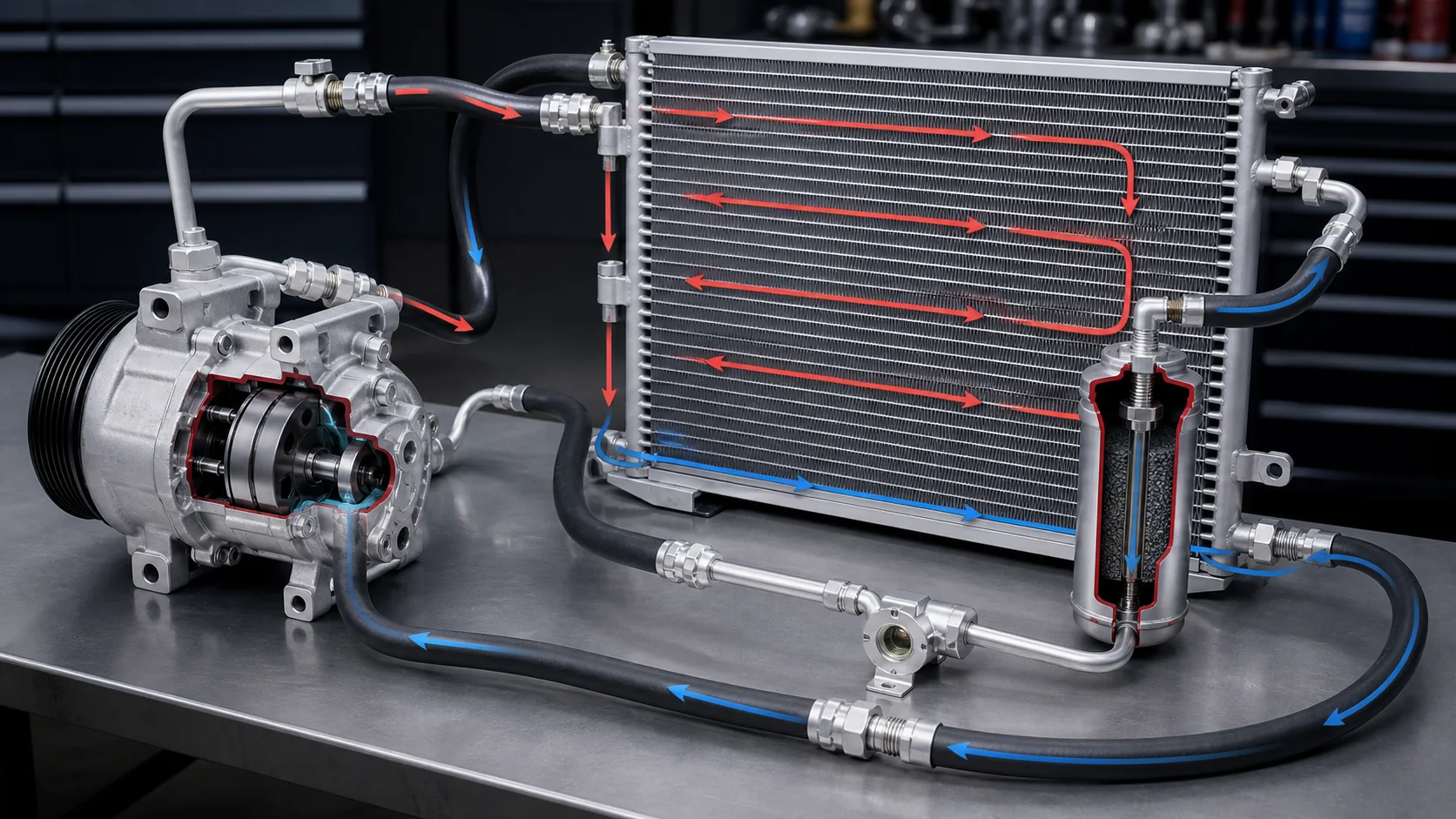 Automotive A/C compressor, condenser, drier, and hoses shown as one refrigerant loop