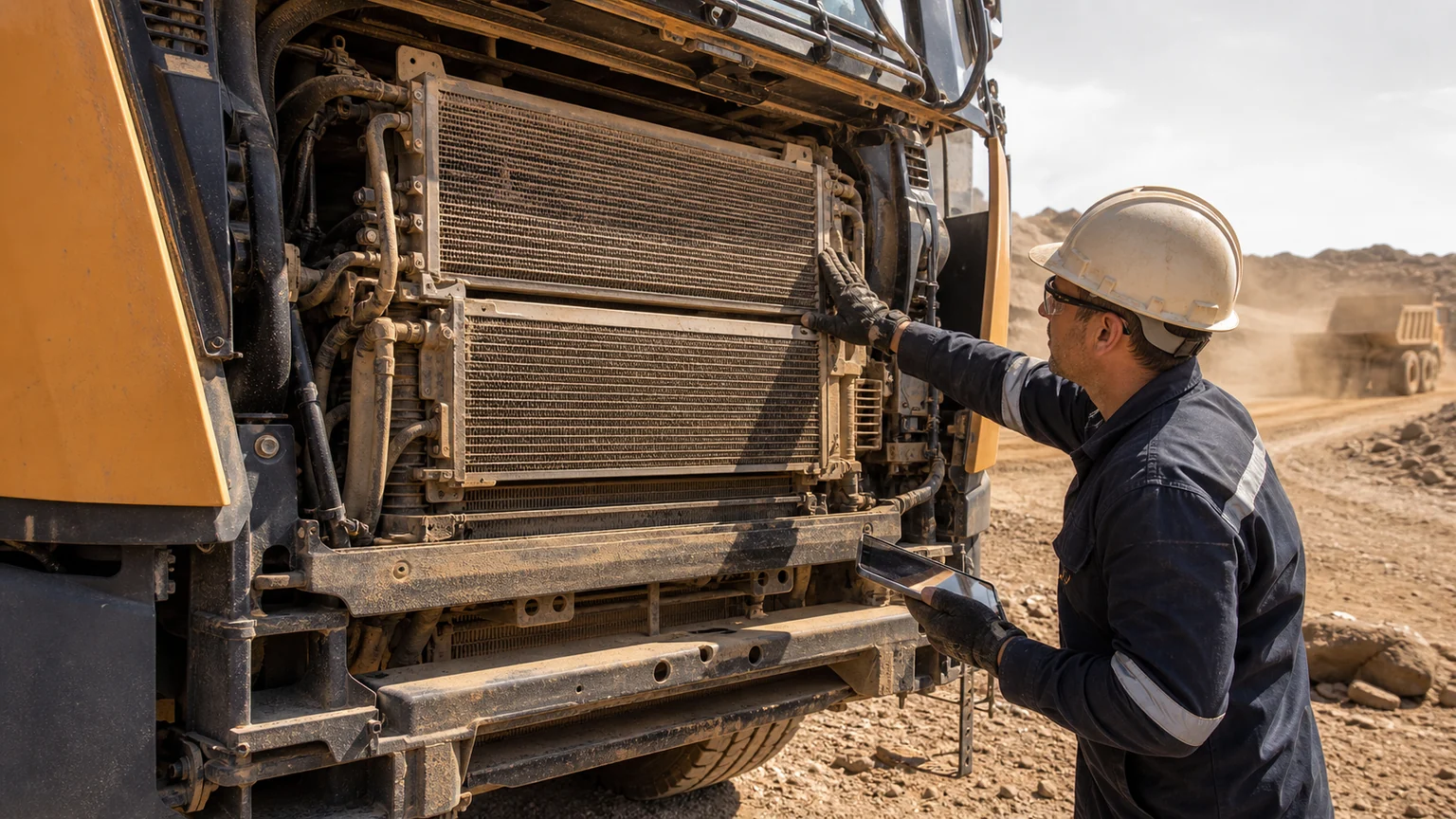 Heavy-duty vehicle cooling stack inspected in a hot dusty operating environment