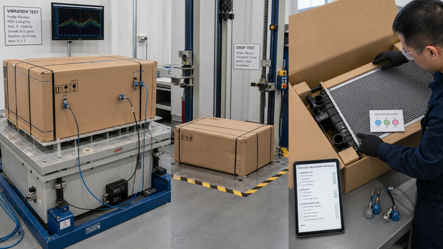 Packaged radiator undergoing vibration drop and post-test inspection