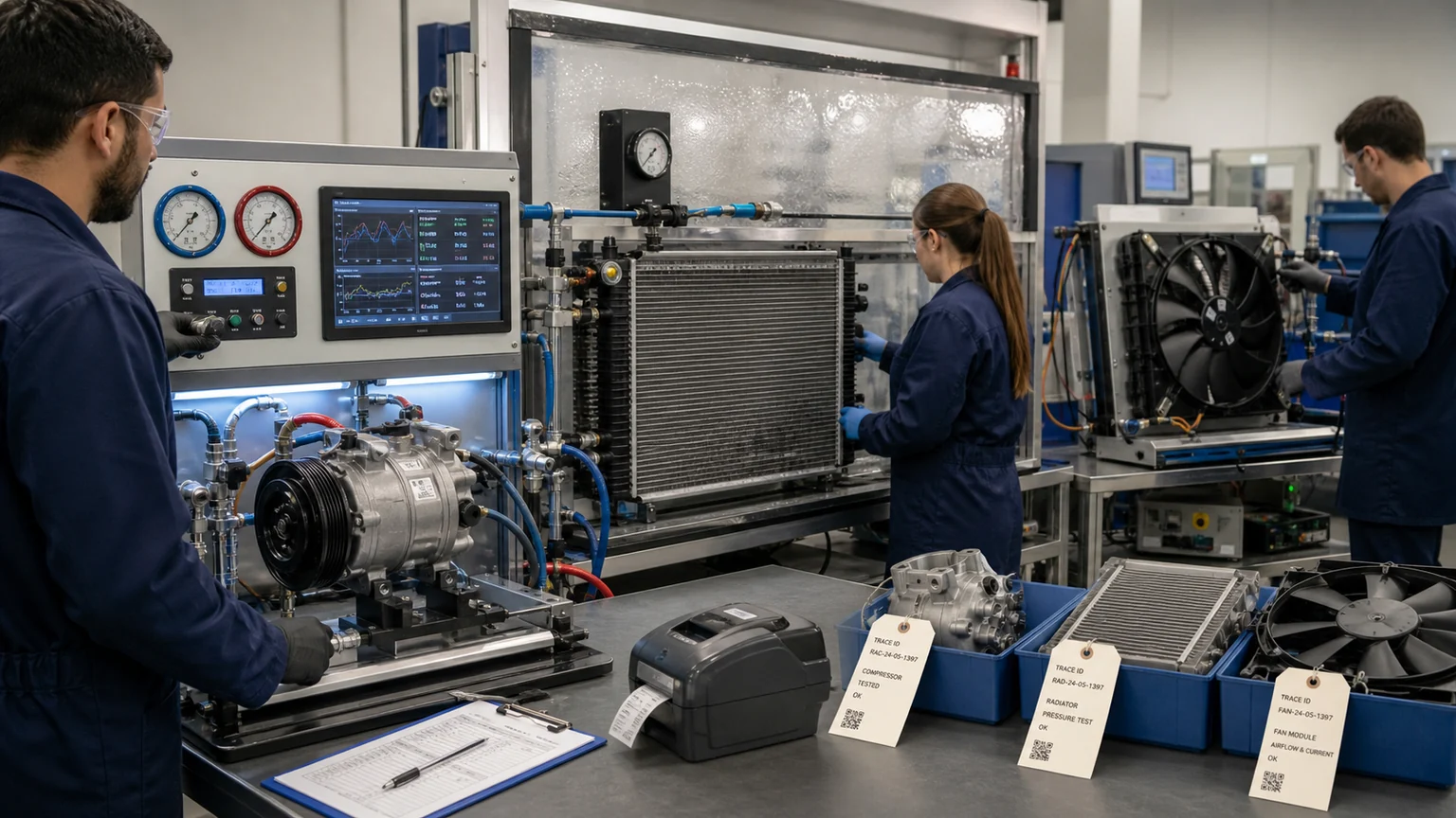 Quality testing of remanufactured compressor repaired radiator and recovered fan module